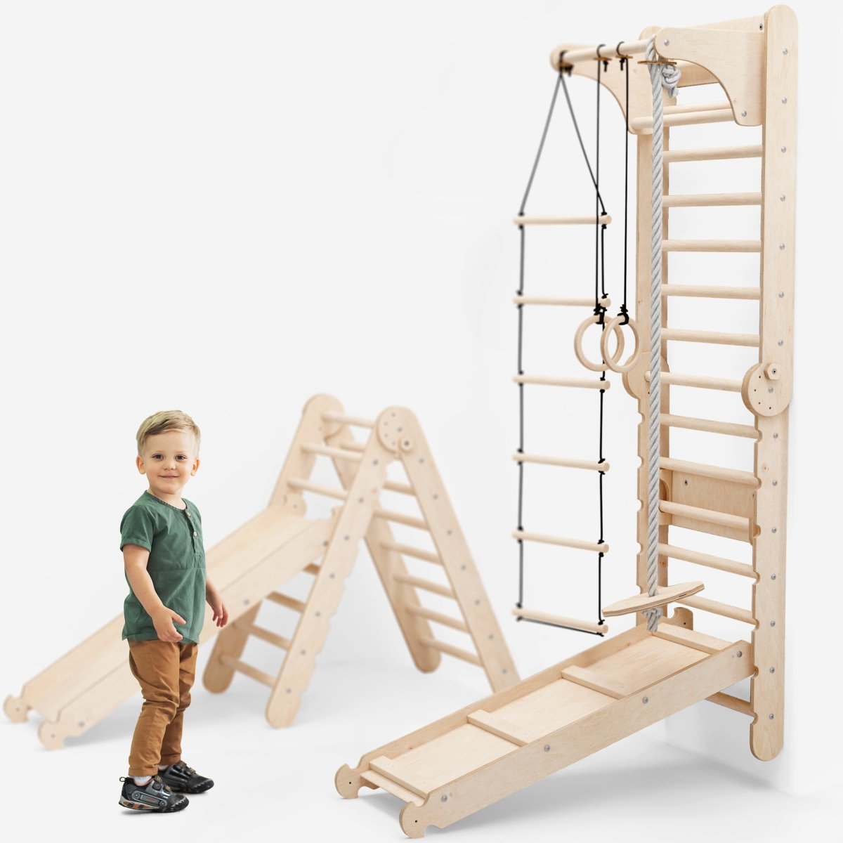 6 en 1 : Espalier suédois en bois / Échelle de grimpe pour enfants + Balançoire + Planche de glisse