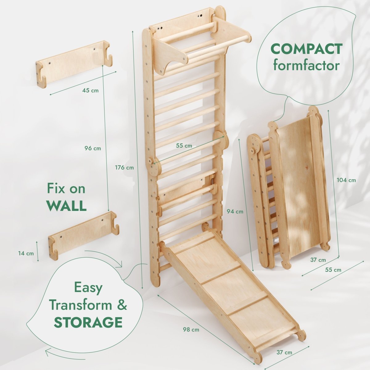 6 en 1 : Espalier suédois en bois / Échelle de grimpe pour enfants + Balançoire + Planche de glisse