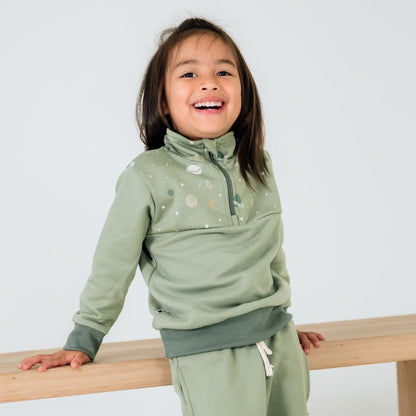 Chandail molletonné à demi-zip en bambou pour enfants | Sauge avec espace