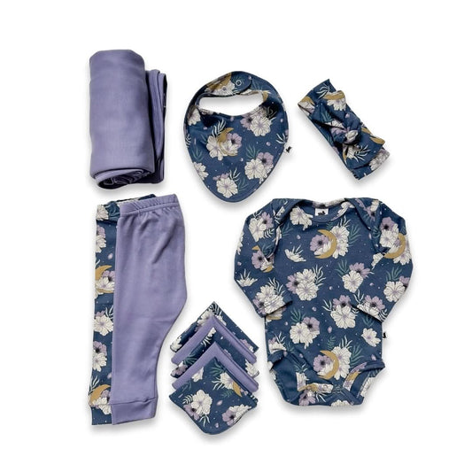 Boîte cadeau capsule en bambou pour bébé | Floral Céleste et Lilas Poudré