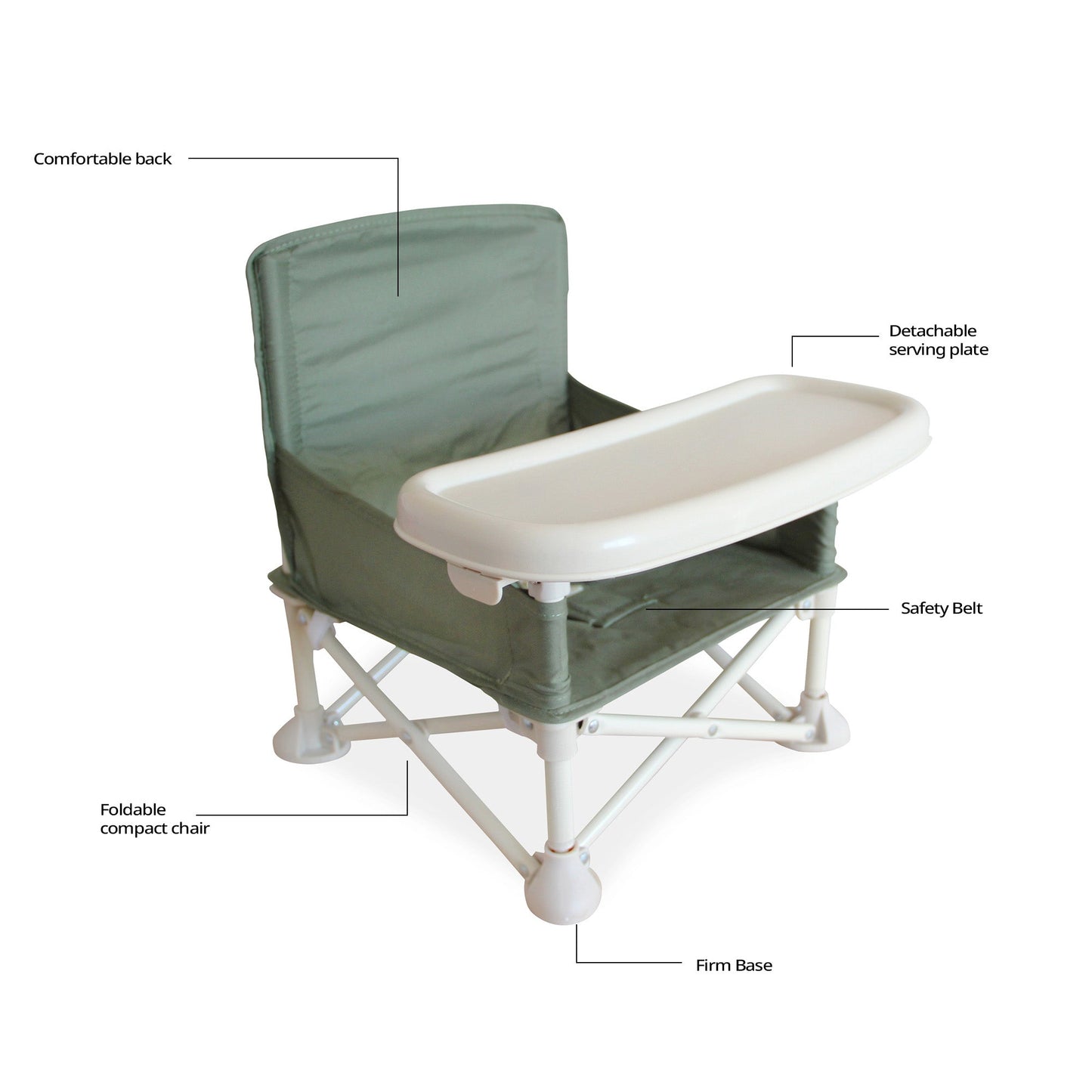 Chaise haute portable | Chaise de camping | Rehausseur avec plateau amovible (Vert armée)