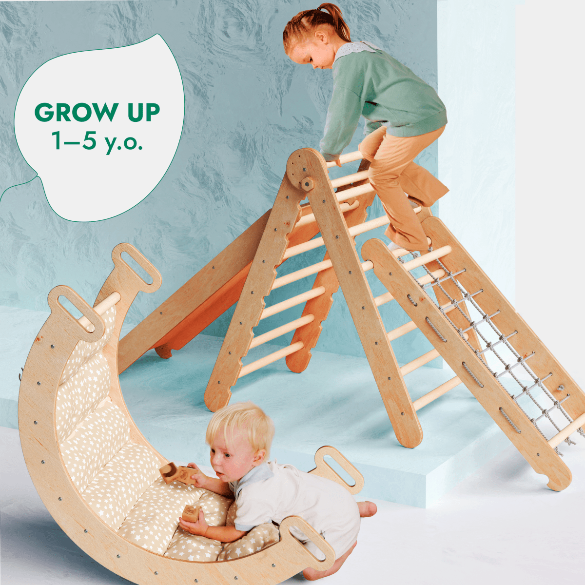 Ensemble d'escalade Montessori 5 en 1 : Échelle triangulaire + Arche/Balançoire + Toboggan/Rampe + Corde à filet + Coussin