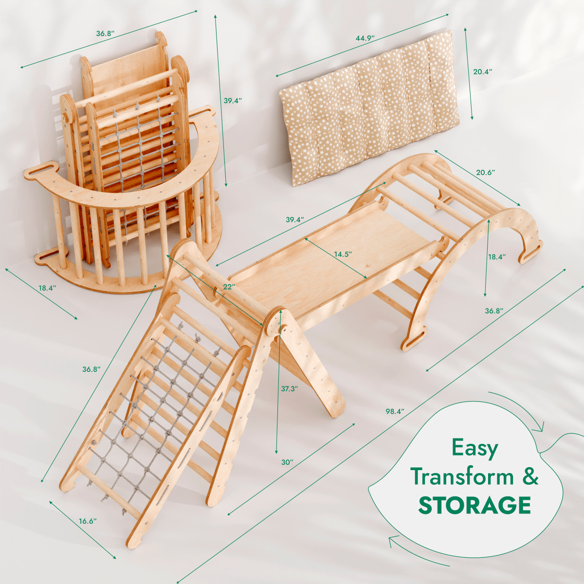 Ensemble d'escalade Montessori 5 en 1 : Échelle triangulaire + Arche/Balançoire + Toboggan/Rampe + Corde à filet + Coussin