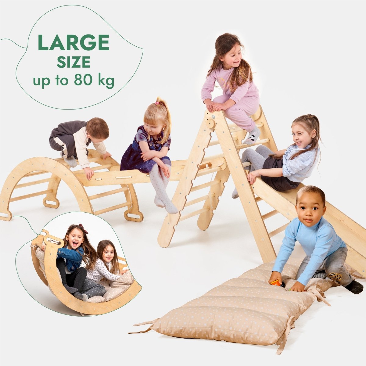 Ensemble d'escalade Montessori 5 en 1 : Échelle triangulaire + Arche/Balançoire + Toboggan/Rampe + Corde à filet + Coussin