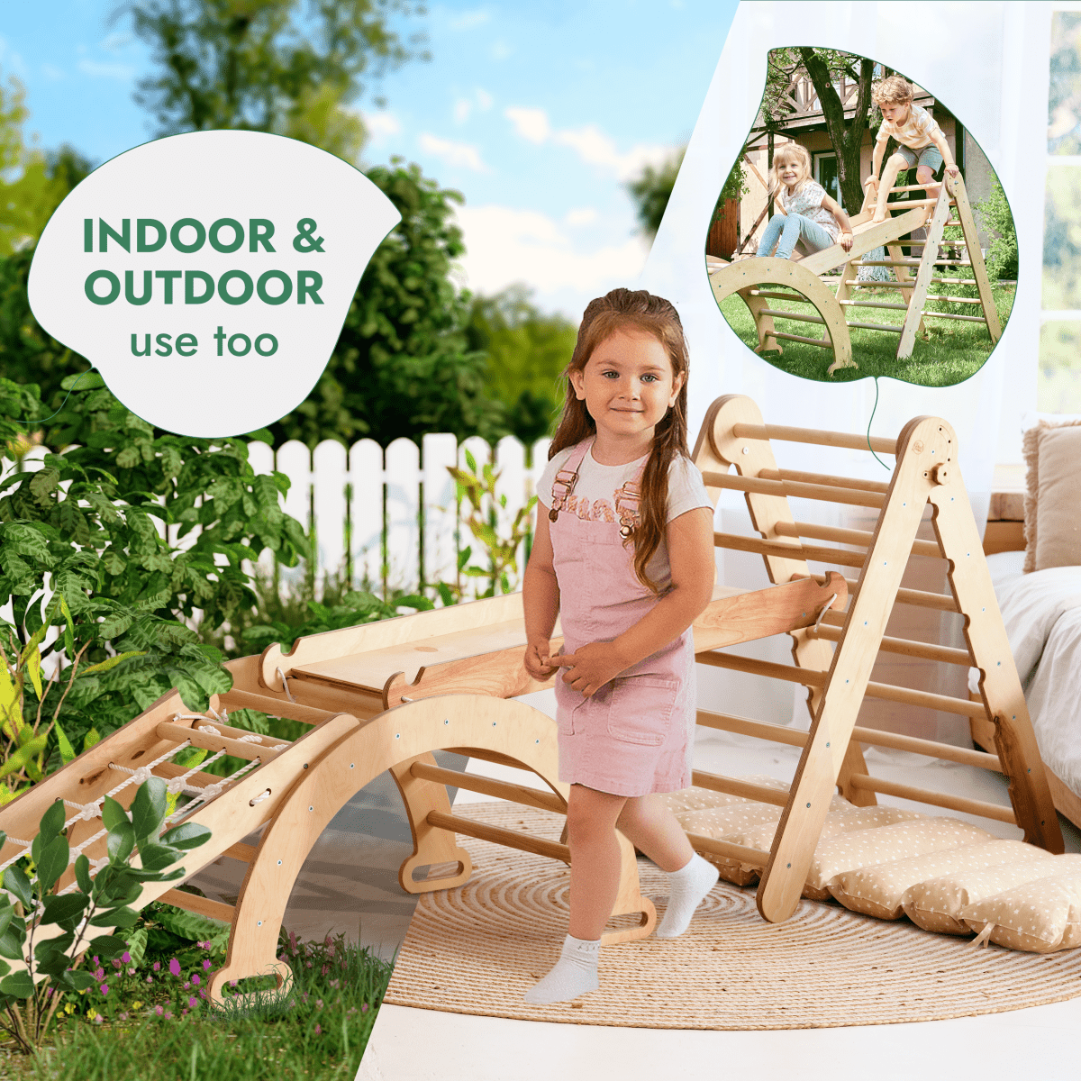 Ensemble d'escalade Montessori 5 en 1 : Échelle triangulaire + Arche/Balançoire + Toboggan/Rampe + Corde à filet + Coussin