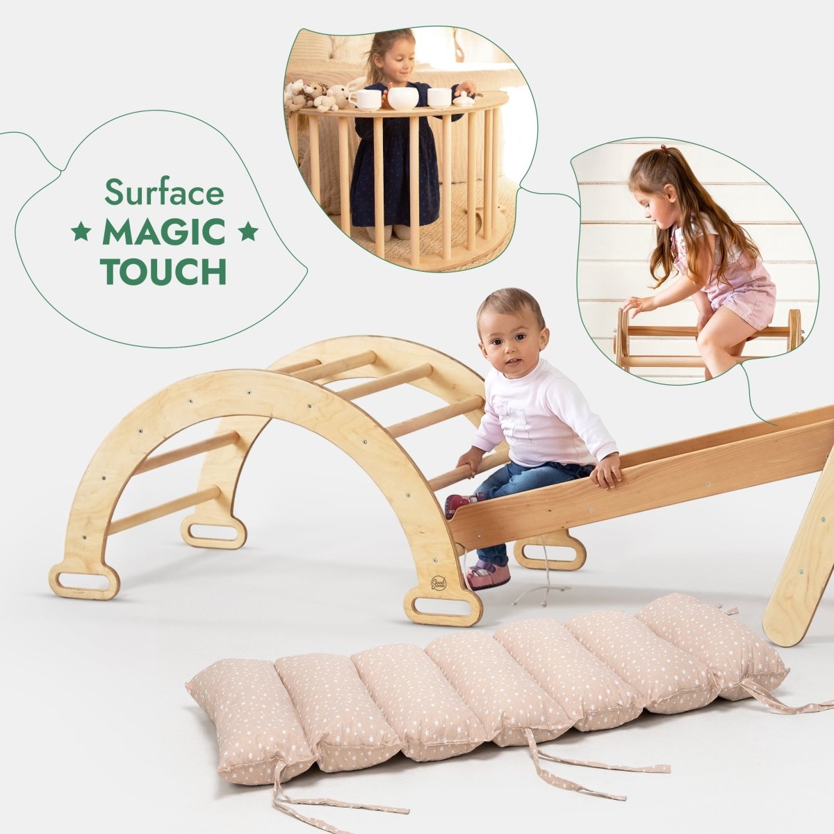Ensemble d'escalade Montessori 5 en 1 : Échelle triangulaire + Arche/Balançoire + Toboggan/Rampe + Corde à filet + Coussin