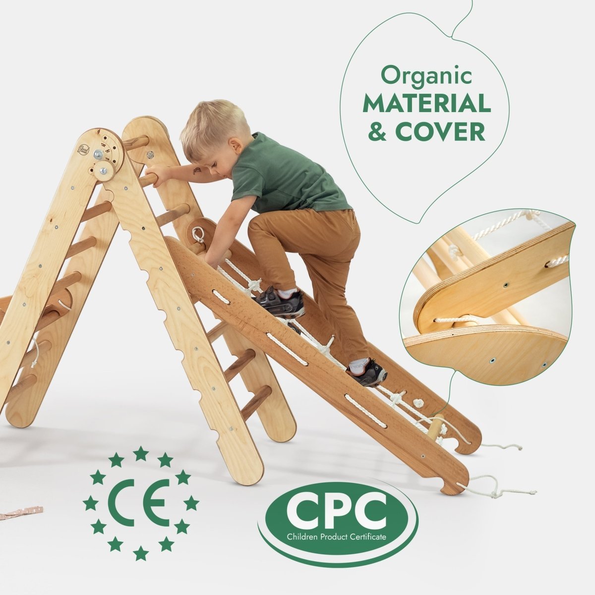 Ensemble d'escalade Montessori 5 en 1 : Échelle triangulaire + Arche/Balançoire + Toboggan/Rampe + Corde à filet + Coussin