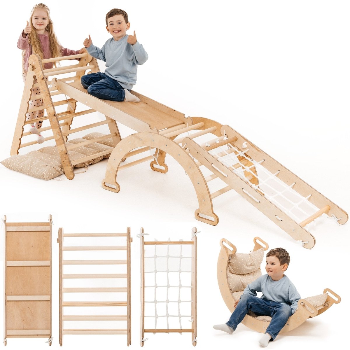 Ensemble d'escalade Montessori 5 en 1 : Échelle triangulaire + Arche/Balançoire + Toboggan/Rampe + Corde à filet + Coussin
