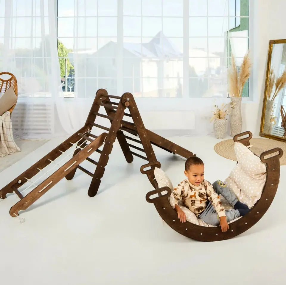 Ensemble d'escalade Montessori 5 en 1 : Échelle triangulaire + Arche/Balançoire + Toboggan/Rampe + Corde à filet + Coussin