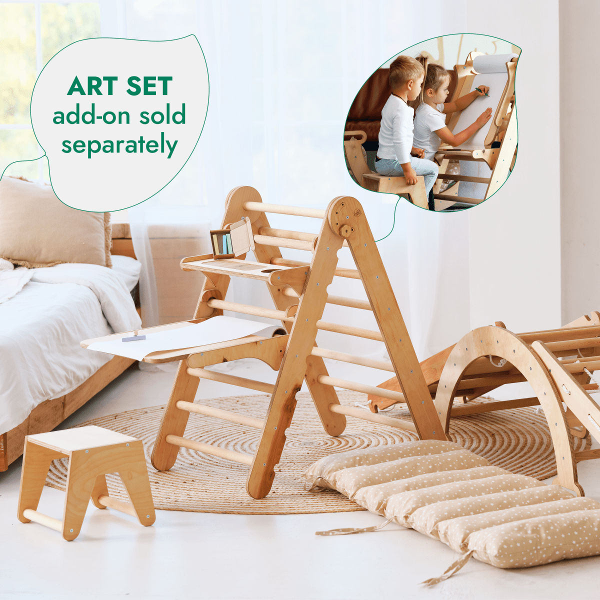 Ensemble d'escalade Montessori 5 en 1 : Échelle triangulaire + Arche/Balançoire + Toboggan/Rampe + Corde à filet + Coussin