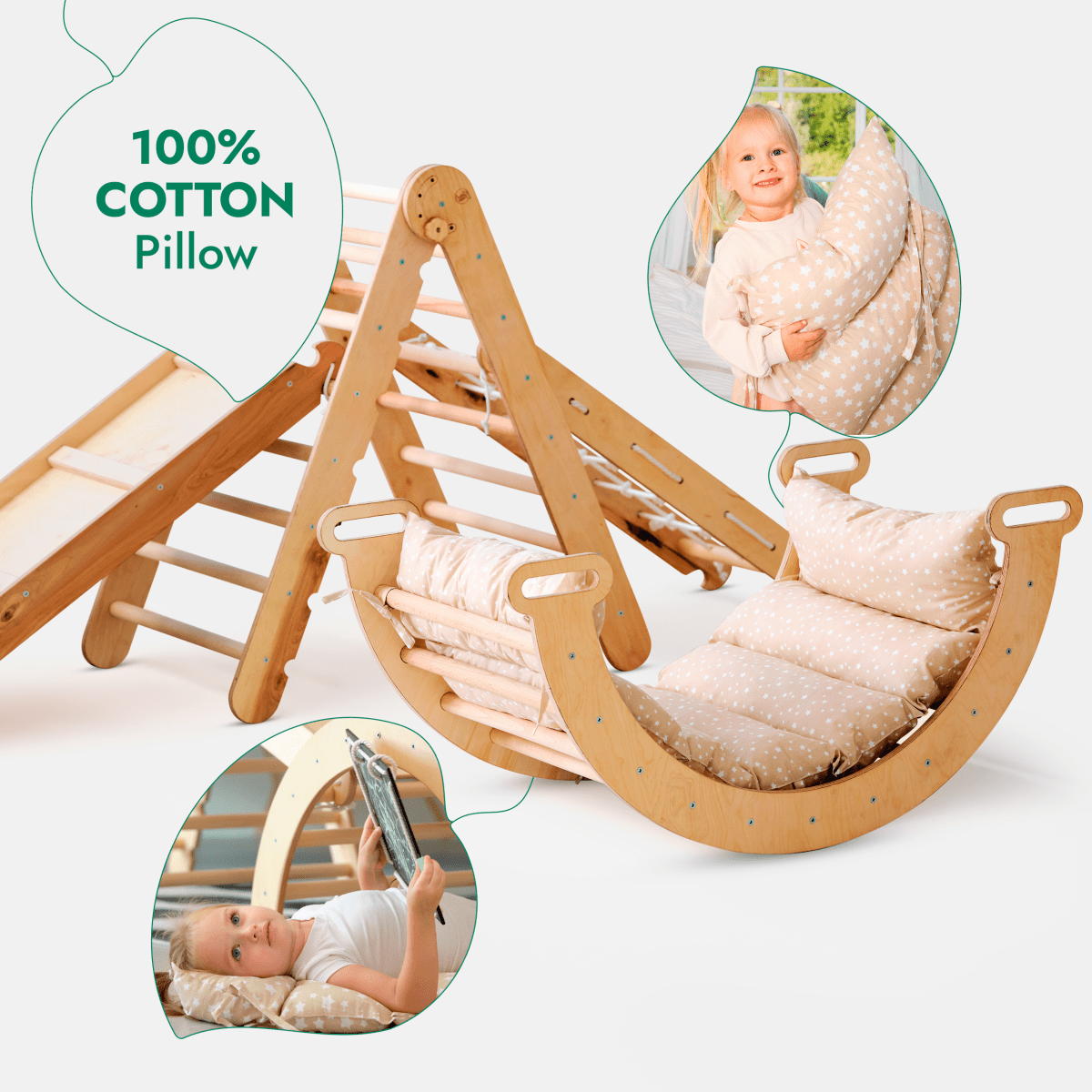 Ensemble d'escalade Montessori 5 en 1 : Échelle triangulaire + Arche/Balançoire + Toboggan/Rampe + Corde à filet + Coussin