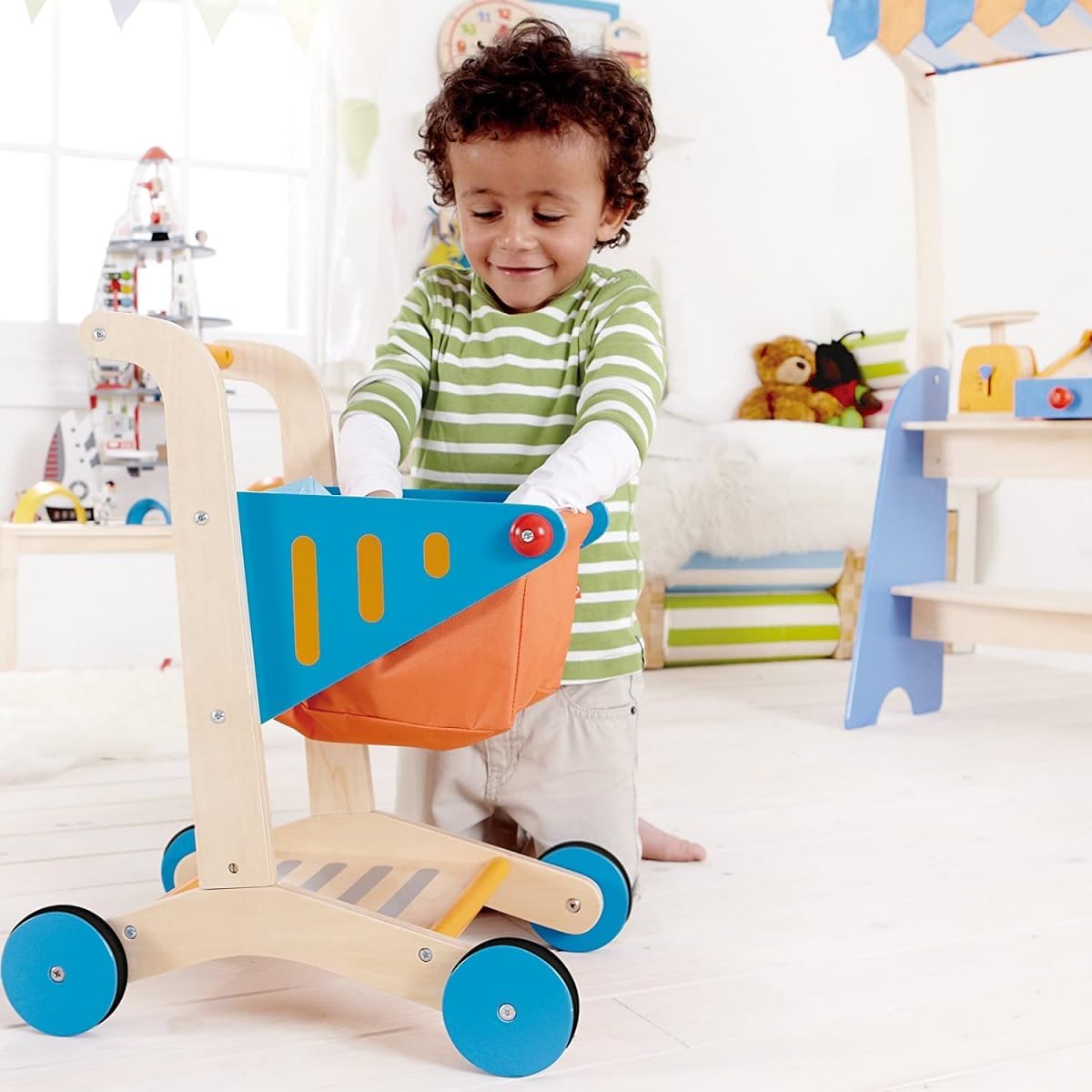 Hape Blue Wooden Shopping Cart with Wheels