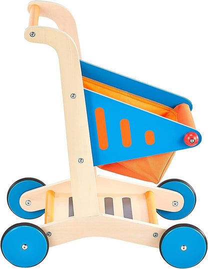 Hape Blue Wooden Shopping Cart with Wheels