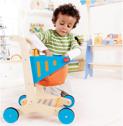 Hape Blue Wooden Shopping Cart with Wheels