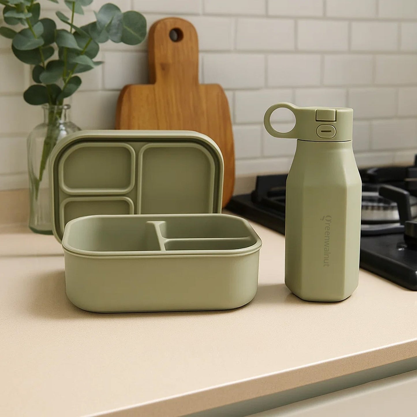 Ensemble de 3 Boîtes Bento et Bouteilles en Silicone (Rose + Bleu + Sauge)