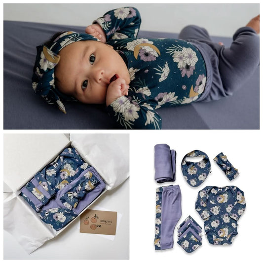 Boîte cadeau capsule en bambou pour bébé | Floral Céleste et Lilas Poudré