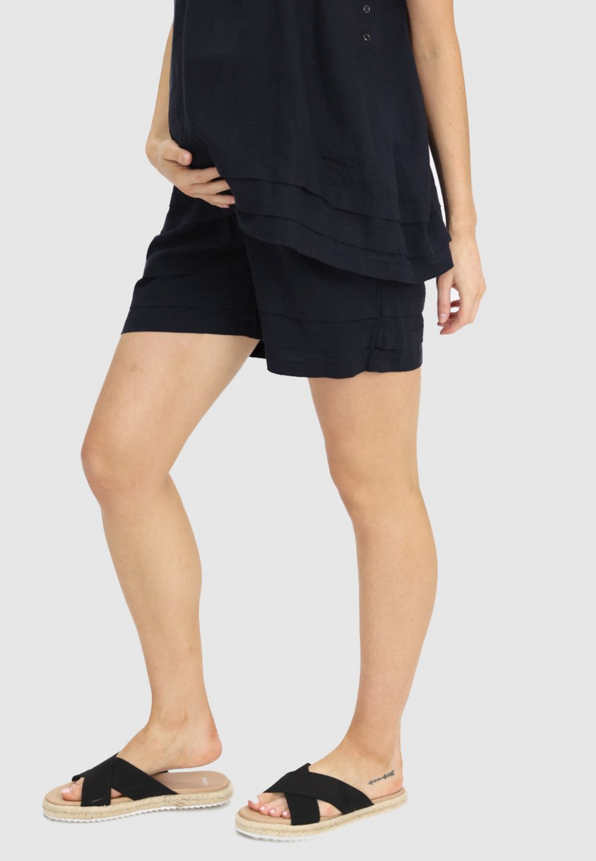 Black Linen-Blend Maternity Summer Shorts