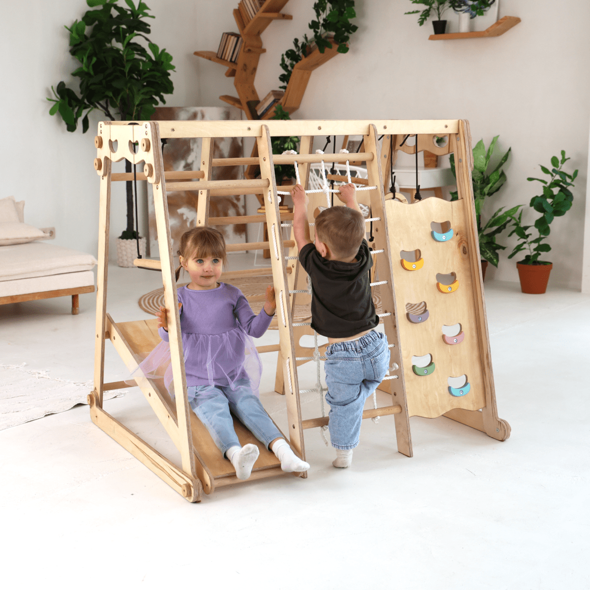 Aire de jeux d'intérieur 6-en-1 pour tout-petits : Aire de jeux + Balançoires + Toboggan + Corde + Escalier