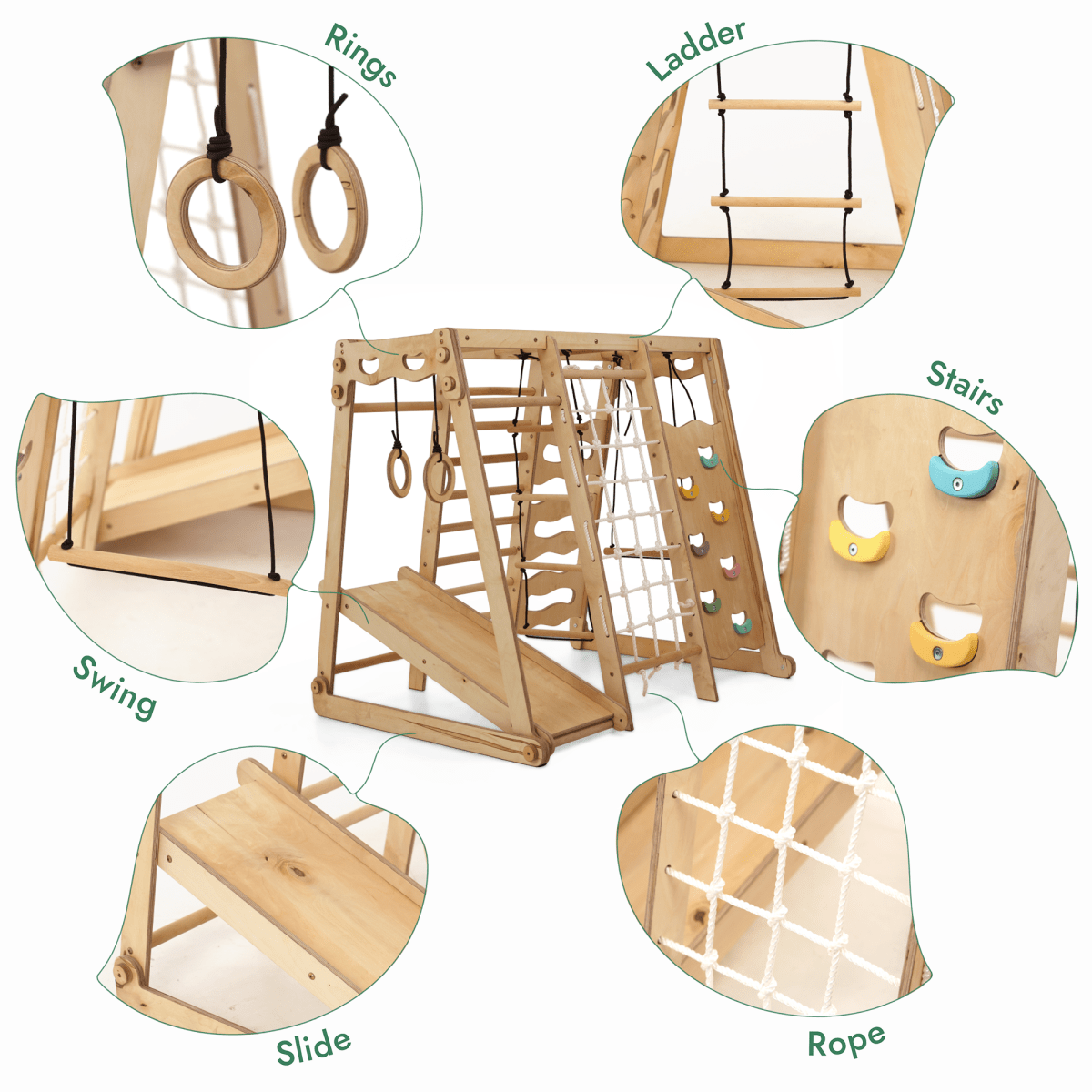Aire de jeux d'intérieur 6-en-1 pour tout-petits : Aire de jeux + Balançoires + Toboggan + Corde + Escalier