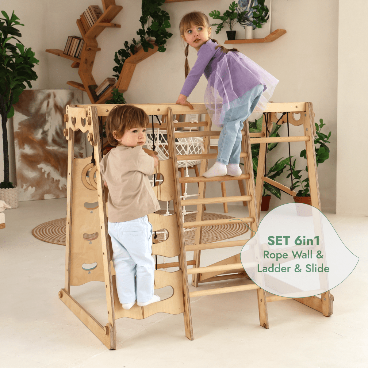Aire de jeux d'intérieur 6-en-1 pour tout-petits : Aire de jeux + Balançoires + Toboggan + Corde + Escalier