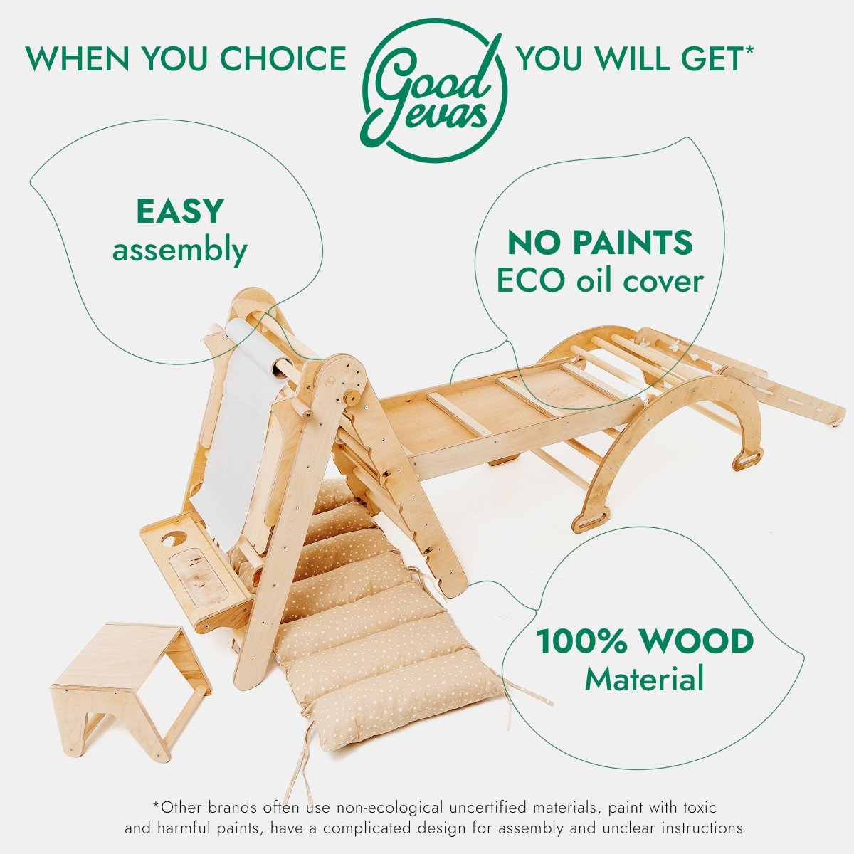 Ensemble Cadre d'Escalade Montessori 6-en-1 : Échelle Triangulaire + Arche/Bascule + Toboggan/Rampe + Filet + Coussin + Ajout Artistique
