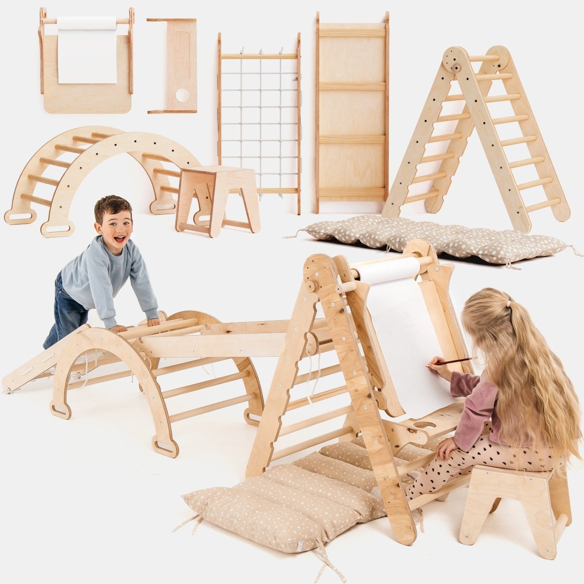 Ensemble Cadre d'Escalade Montessori 6-en-1 : Échelle Triangulaire + Arche/Bascule + Toboggan/Rampe + Filet + Coussin + Ajout Artistique