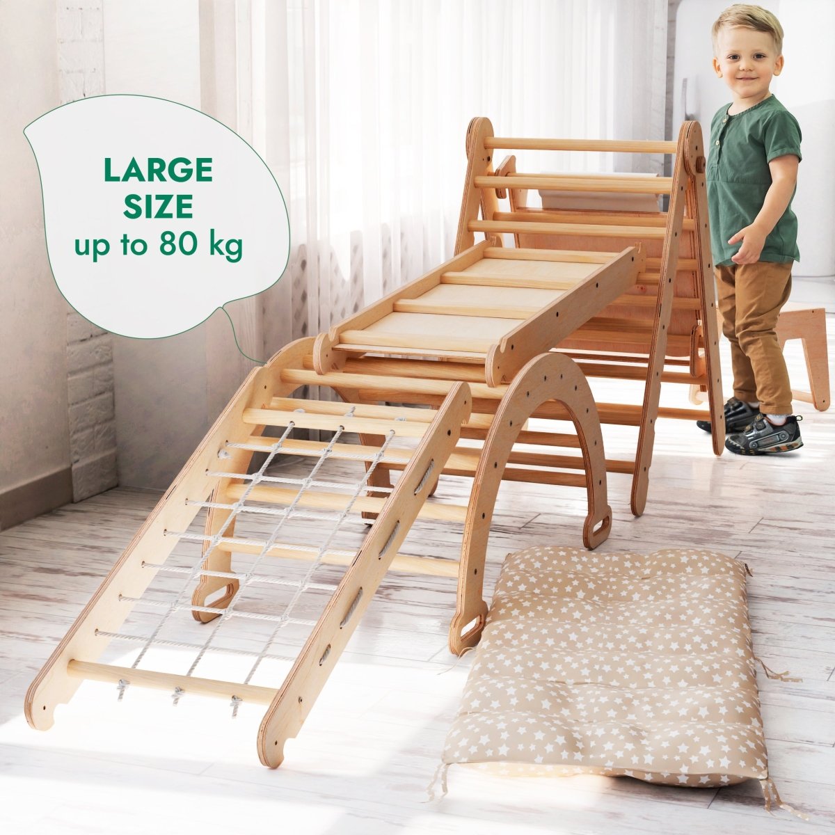 Ensemble Cadre d'Escalade Montessori 6-en-1 : Échelle Triangulaire + Arche/Bascule + Toboggan/Rampe + Filet + Coussin + Ajout Artistique