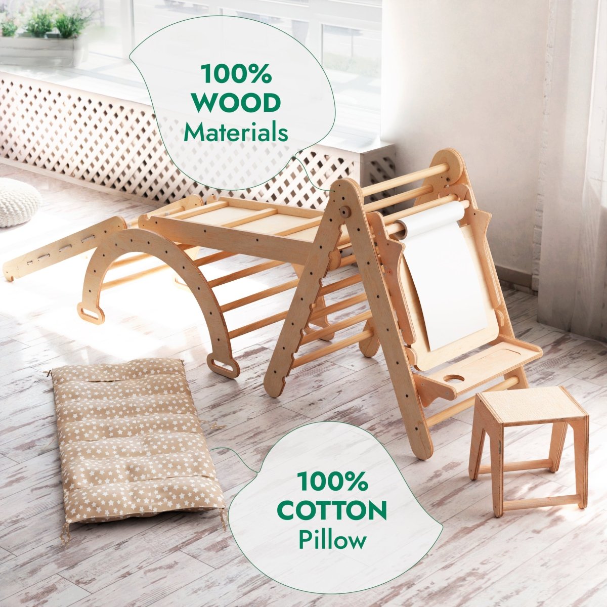 Ensemble Cadre d'Escalade Montessori 6-en-1 : Échelle Triangulaire + Arche/Bascule + Toboggan/Rampe + Filet + Coussin + Ajout Artistique