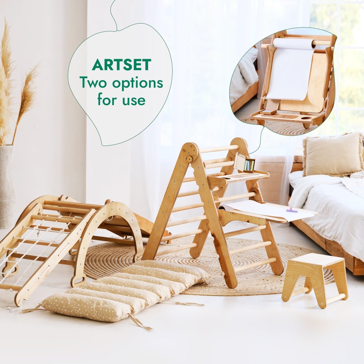 Ensemble Cadre d'Escalade Montessori 6-en-1 : Échelle Triangulaire + Arche/Bascule + Toboggan/Rampe + Filet + Coussin + Ajout Artistique