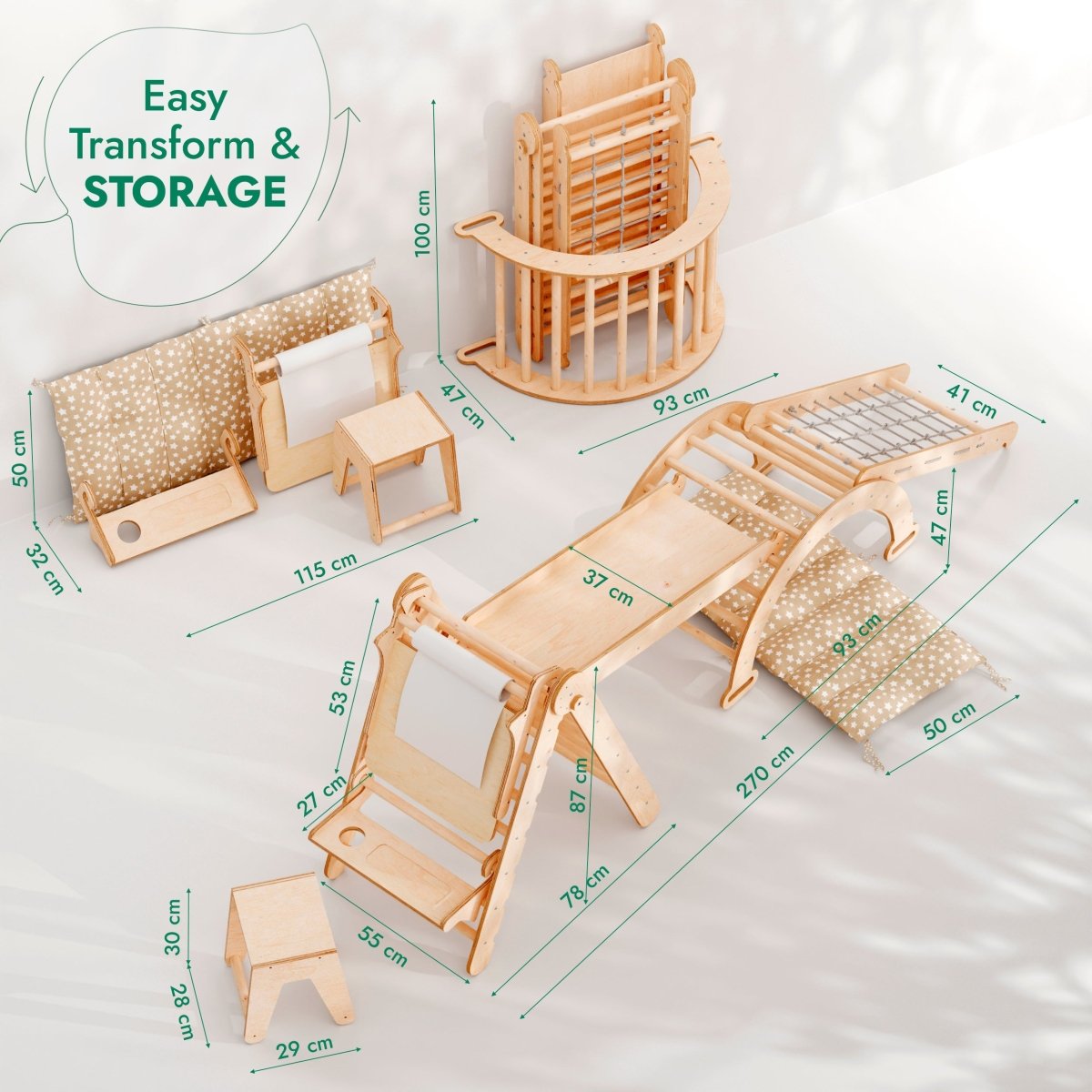 Ensemble Cadre d'Escalade Montessori 6-en-1 : Échelle Triangulaire + Arche/Bascule + Toboggan/Rampe + Filet + Coussin + Ajout Artistique