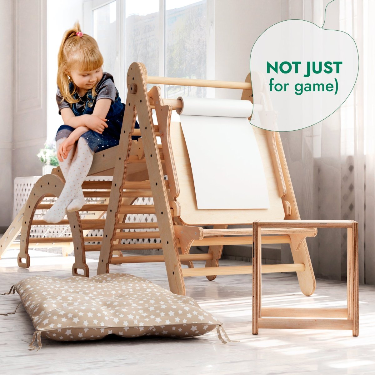 Ensemble Cadre d'Escalade Montessori 6-en-1 : Échelle Triangulaire + Arche/Bascule + Toboggan/Rampe + Filet + Coussin + Ajout Artistique