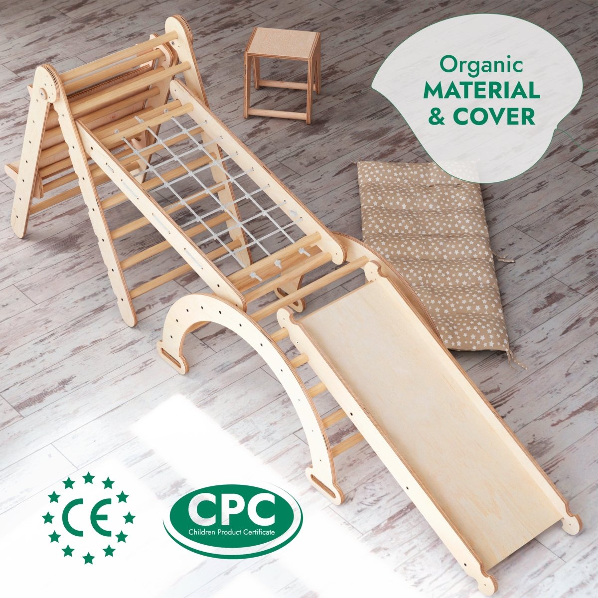 Ensemble Cadre d'Escalade Montessori 6-en-1 : Échelle Triangulaire + Arche/Bascule + Toboggan/Rampe + Filet + Coussin + Ajout Artistique