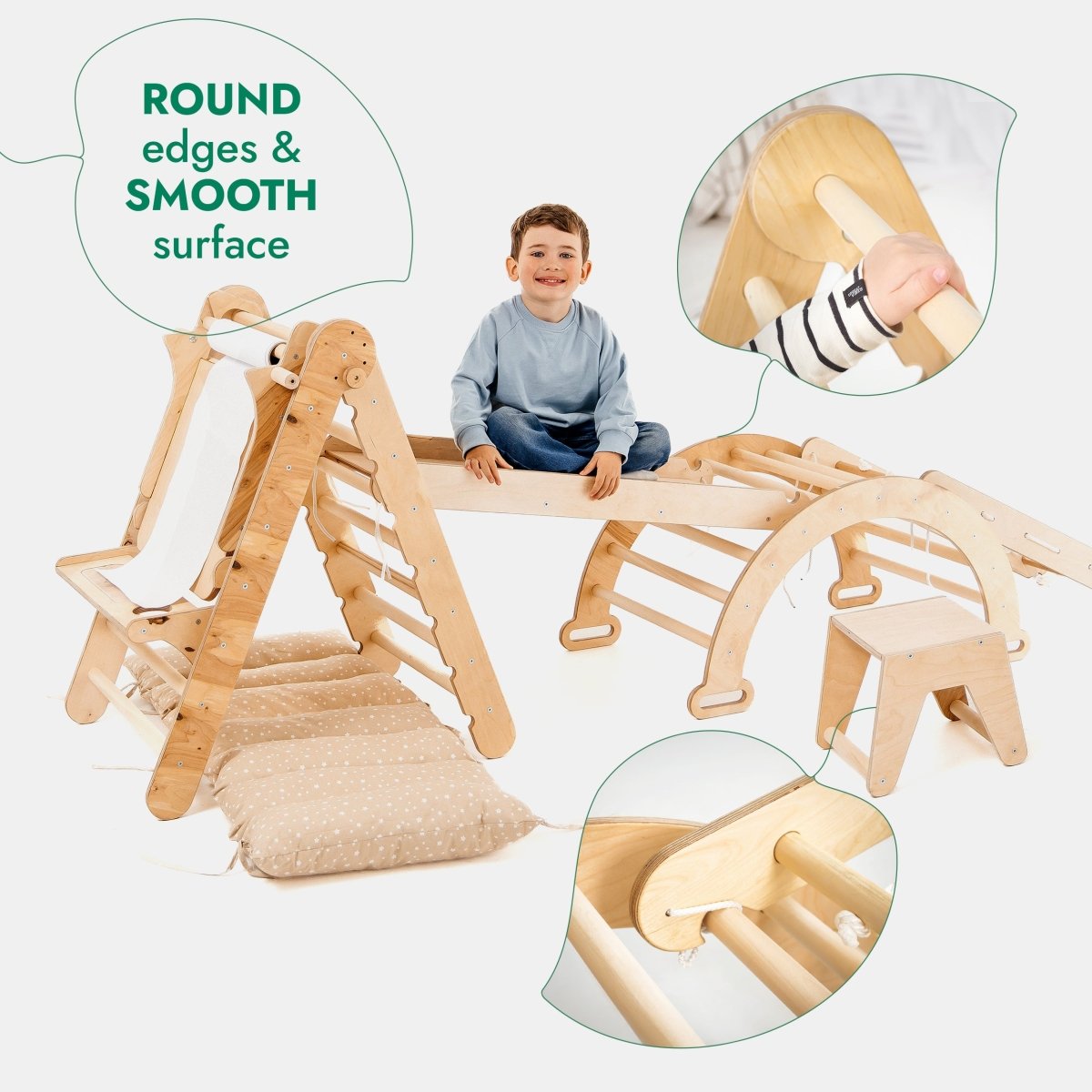 Ensemble Cadre d'Escalade Montessori 6-en-1 : Échelle Triangulaire + Arche/Bascule + Toboggan/Rampe + Filet + Coussin + Ajout Artistique