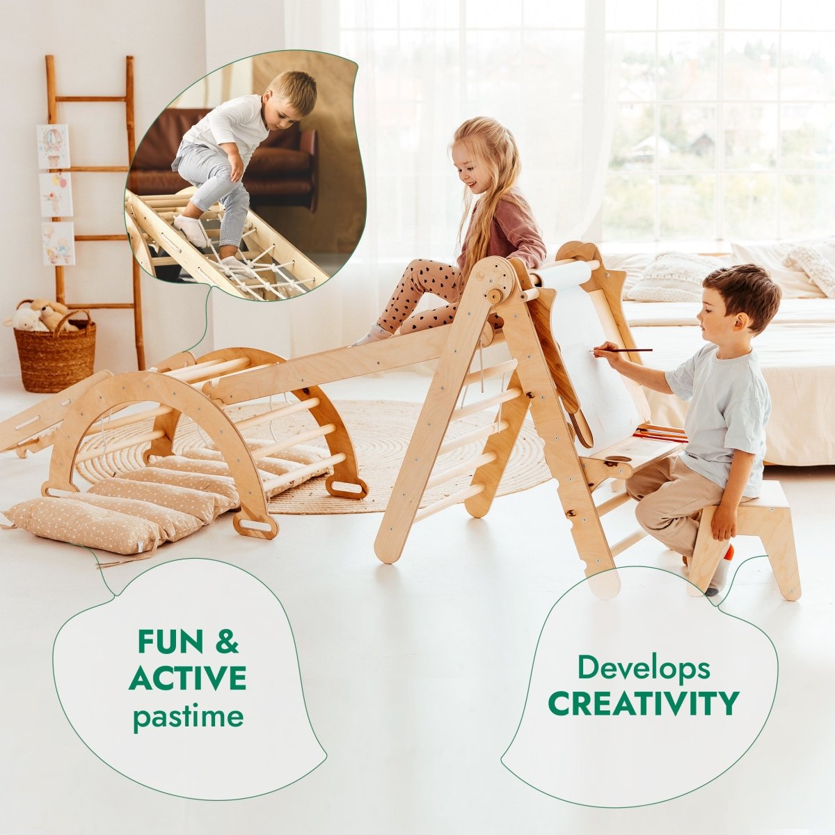 Ensemble Cadre d'Escalade Montessori 6-en-1 : Échelle Triangulaire + Arche/Bascule + Toboggan/Rampe + Filet + Coussin + Ajout Artistique