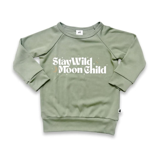 Pull en bambou à manches raglan avec imprimé pour bébé/enfant | Stay Wild Moon Child en sauge