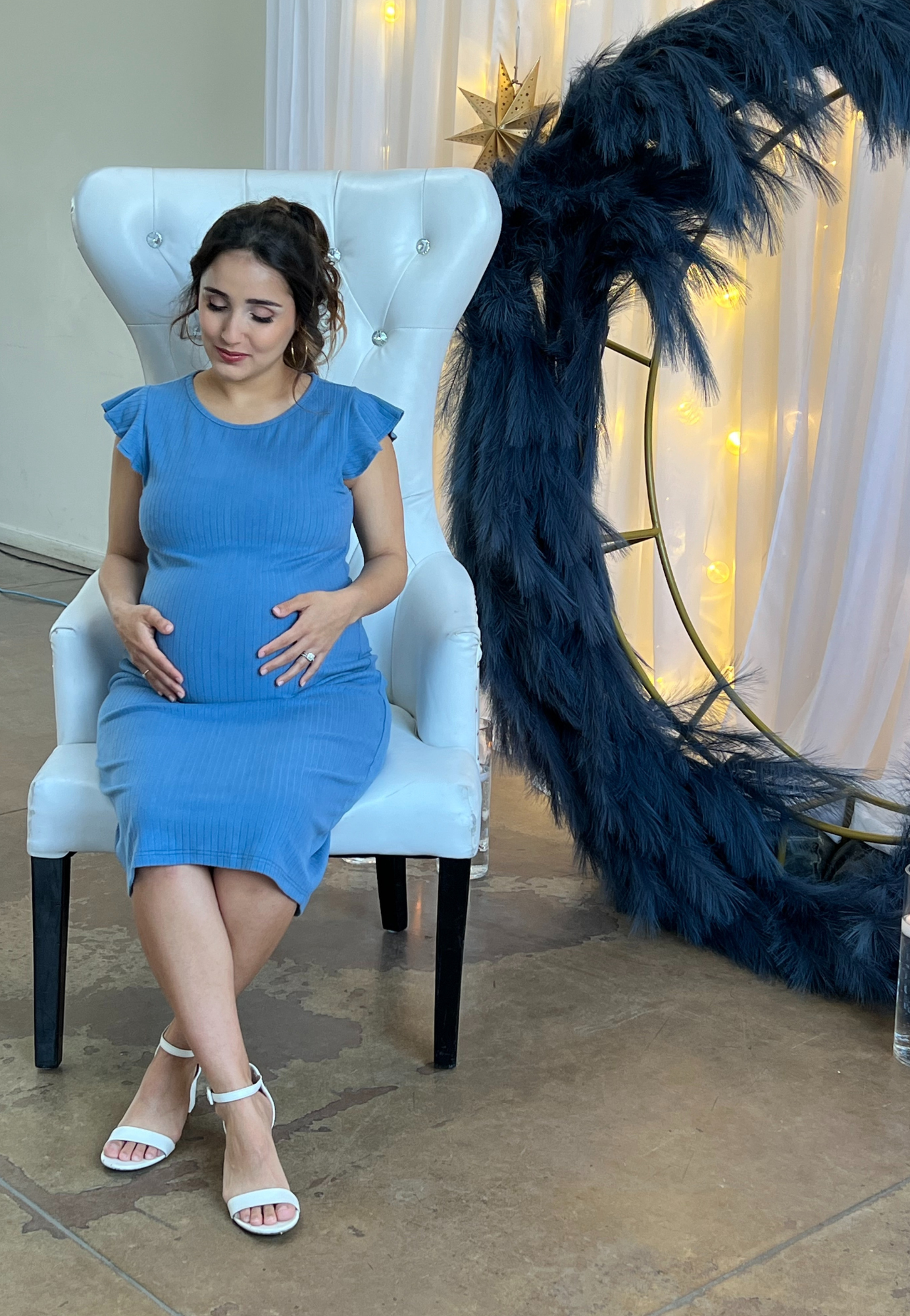 Baby Blue Ribbed Ruffle-Sleeve Maternity Dress