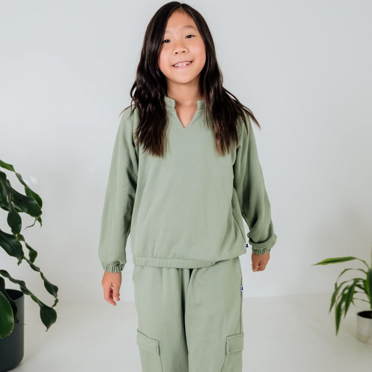 Youth Bamboo Fleece Collared Pullover | Sage