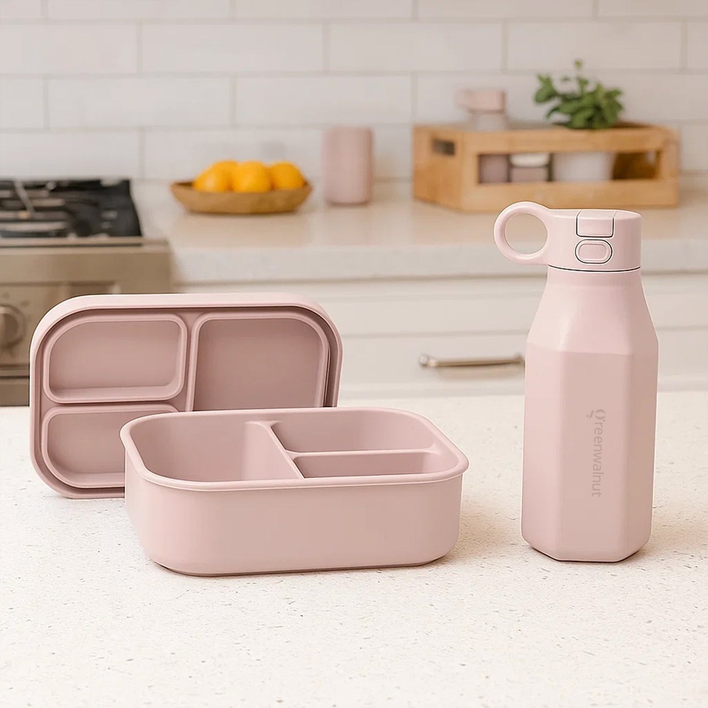 Ensemble de 3 Boîtes Bento et Bouteilles en Silicone (Rose + Bleu + Sauge)