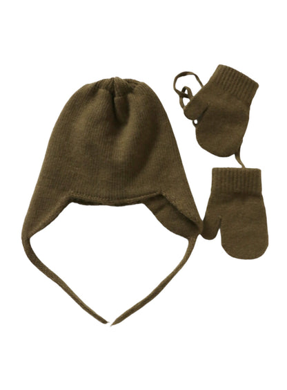 Ensemble bonnet et moufles en laine coloris Pin
