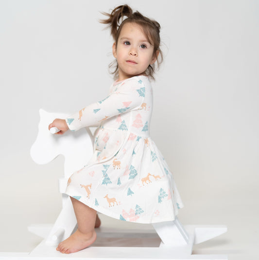 Bamboo Jersey Flare Long Sleeve Dress with Bloomer (Deer Forest Print)