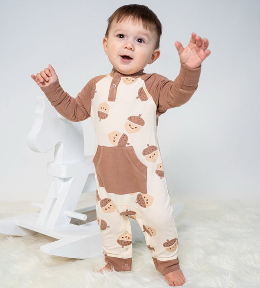 Bamboo Long Sleeve Romper with Kangaroo Pocket (Acorn Pals Print)
