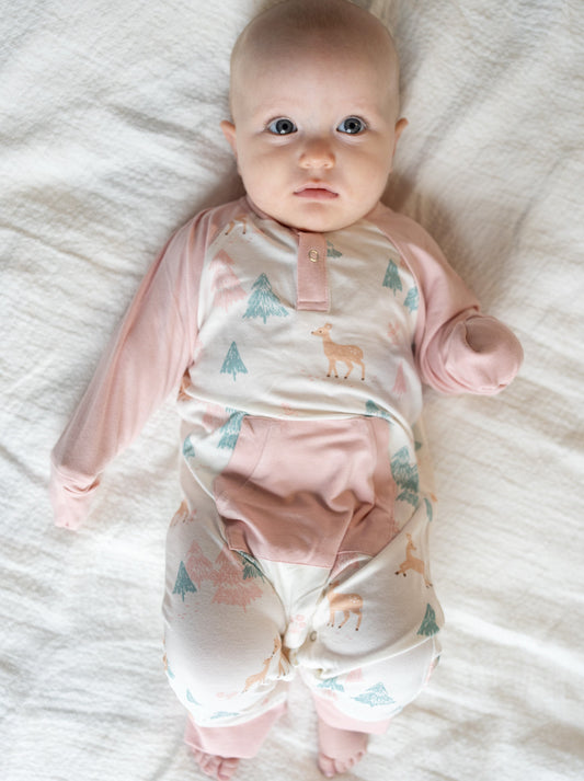 Bamboo Long Sleeve Romper with Kangaroo Pocket (Deer Forest Print)