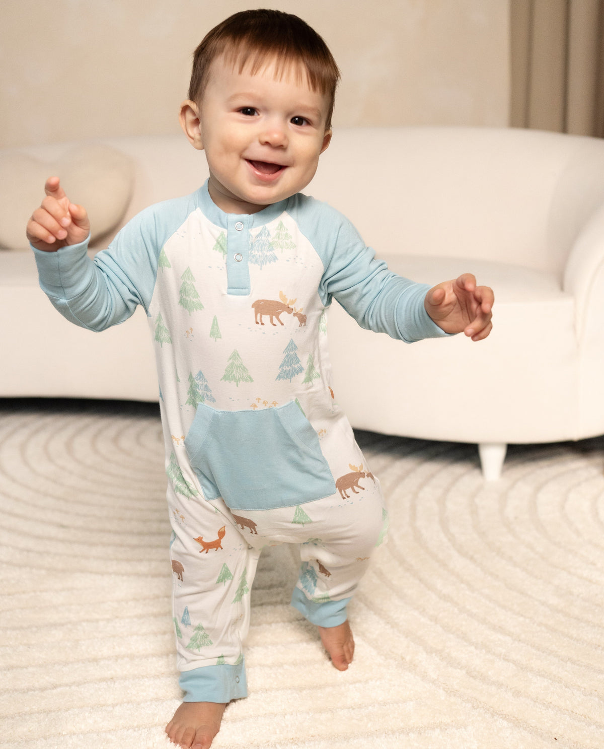 Bamboo L/S Romper w/Kangaroo pkt (Moose Woods Print)
