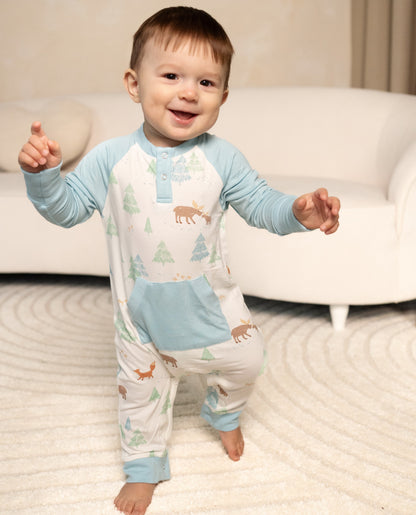 Bamboo Long Sleeve Romper with Kangaroo Pocket (Moose Woods Print)