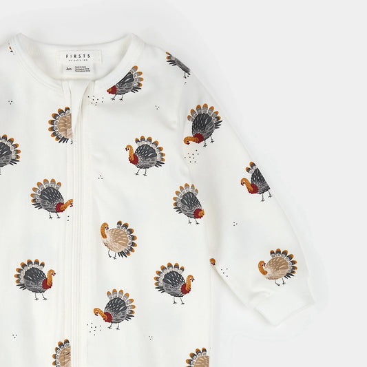 Footed Sleeper | Turkey Print on Off-White | Petit Lem