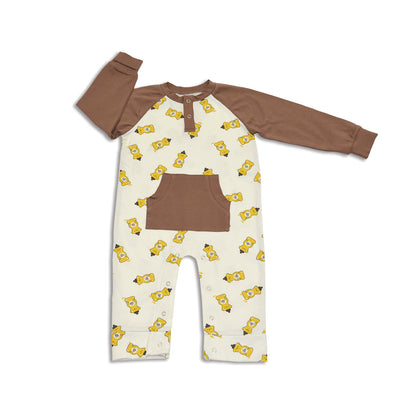 Organic Cotton Long Sleeve Romper with Kangaroo Pocket (Honey Bear Print)