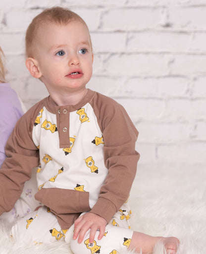 Organic Cotton Long Sleeve Romper with Kangaroo Pocket (Honey Bear Print)
