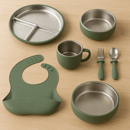 Premium 7-Piece Silicone & Stainless Steel Kids Dinnerware Set | Feeding Set