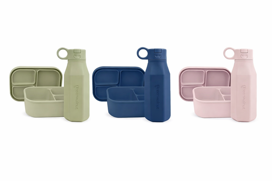 Ensemble de 3 Boîtes Bento et Bouteilles en Silicone (Rose + Bleu + Sauge)