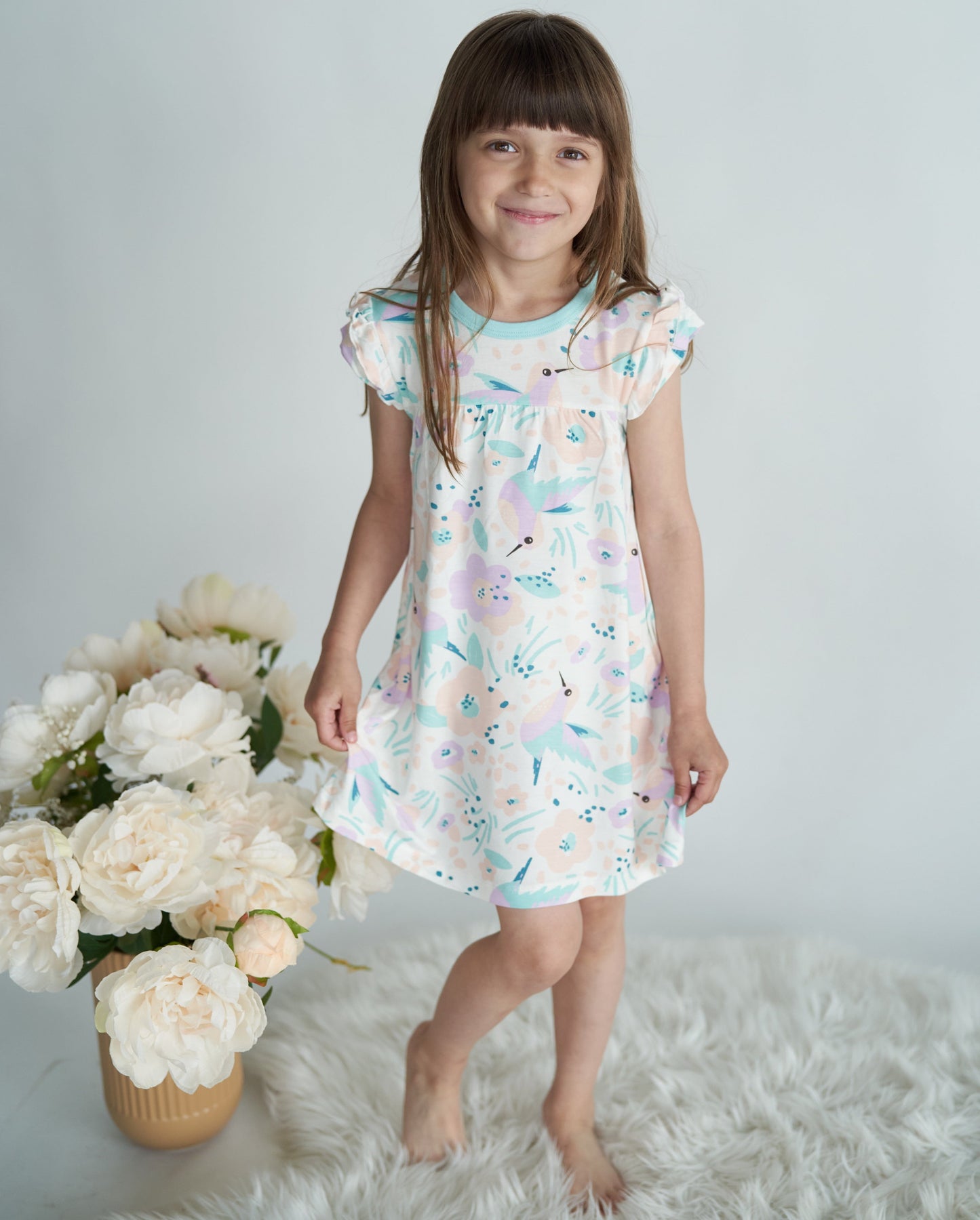 Bamboo Double Sleeve Ruffle Dress with Bloomer (Hummingbird Garden Print)